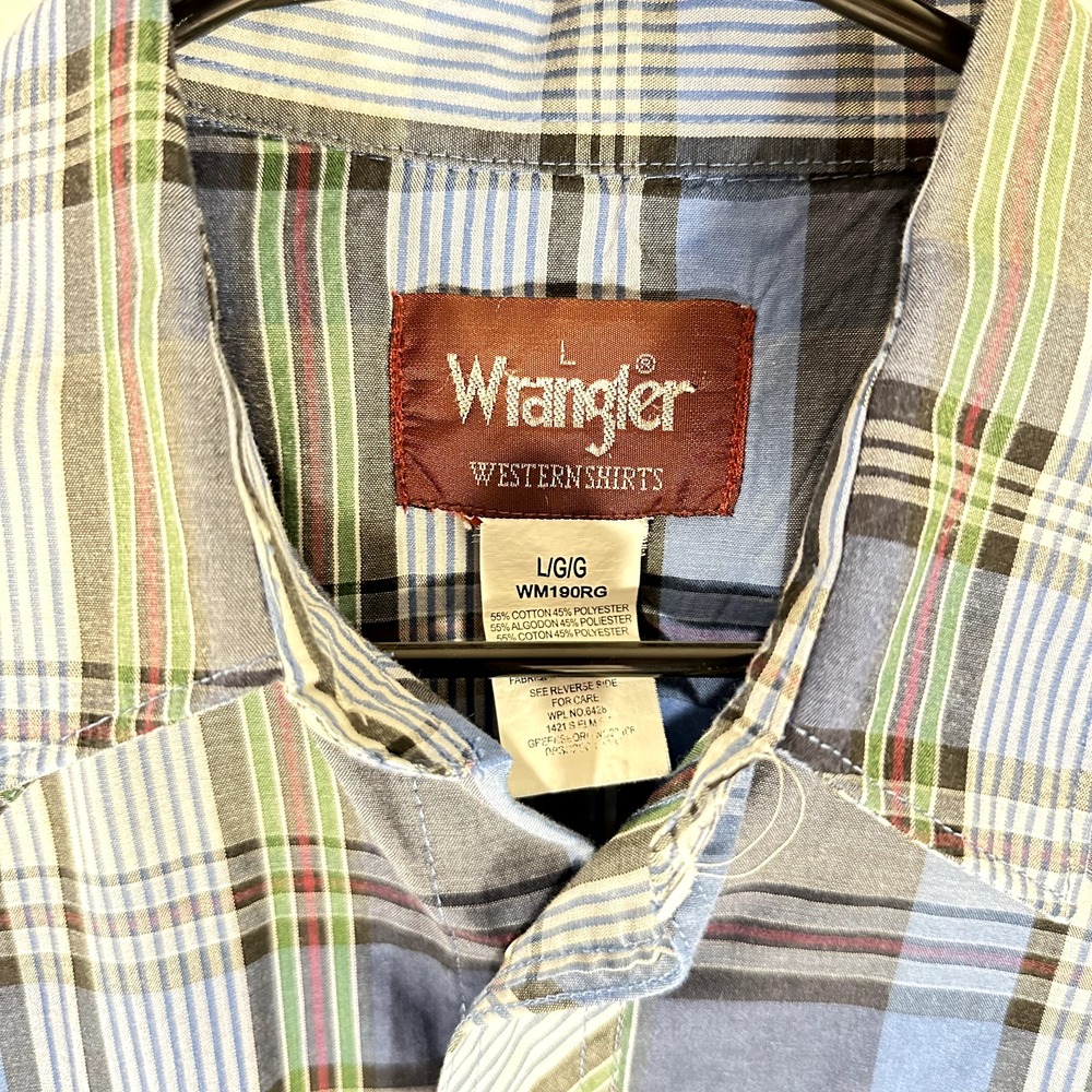 Wrangler Western Shirt Pearl Snap Size Large Blue Plaid